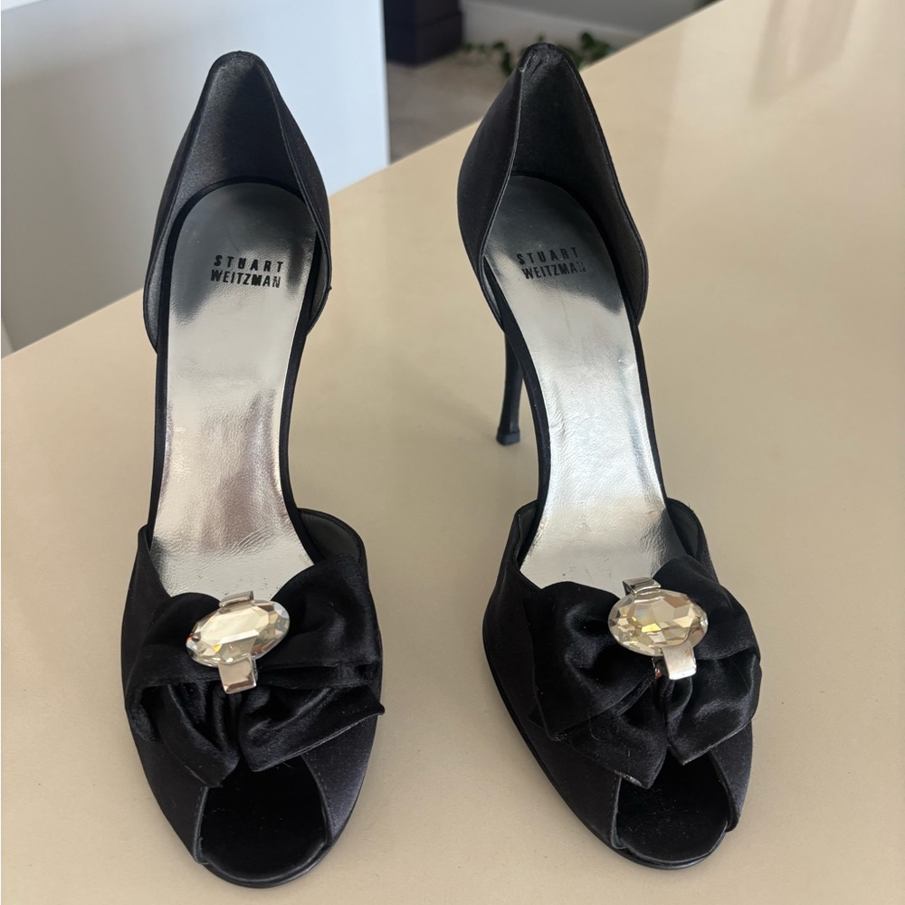 Stuart Weitzman Solitaire Black Satin High-Heel Pumps vintage $300
